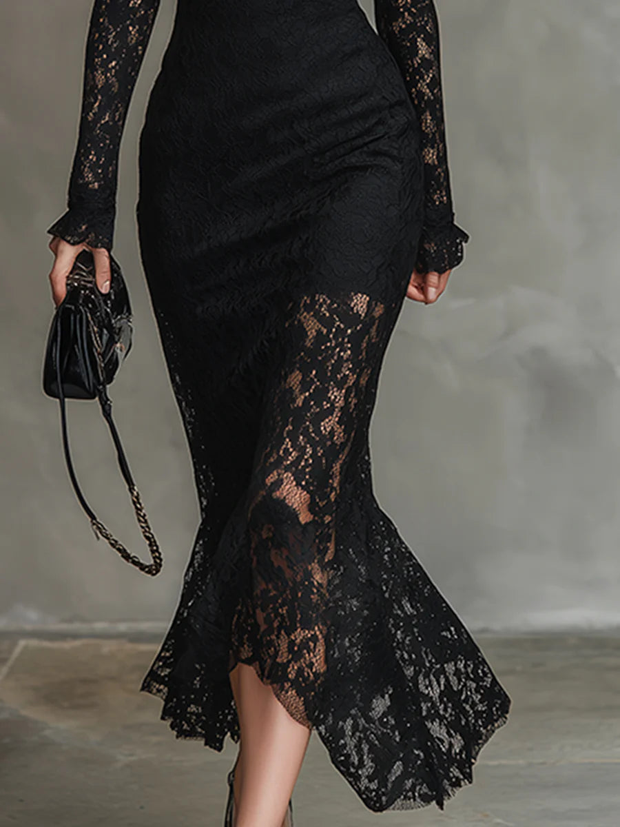 Teresa - Elegancka Sukienka Maxi Fishtail z Elastycznej Czarnej Koronki